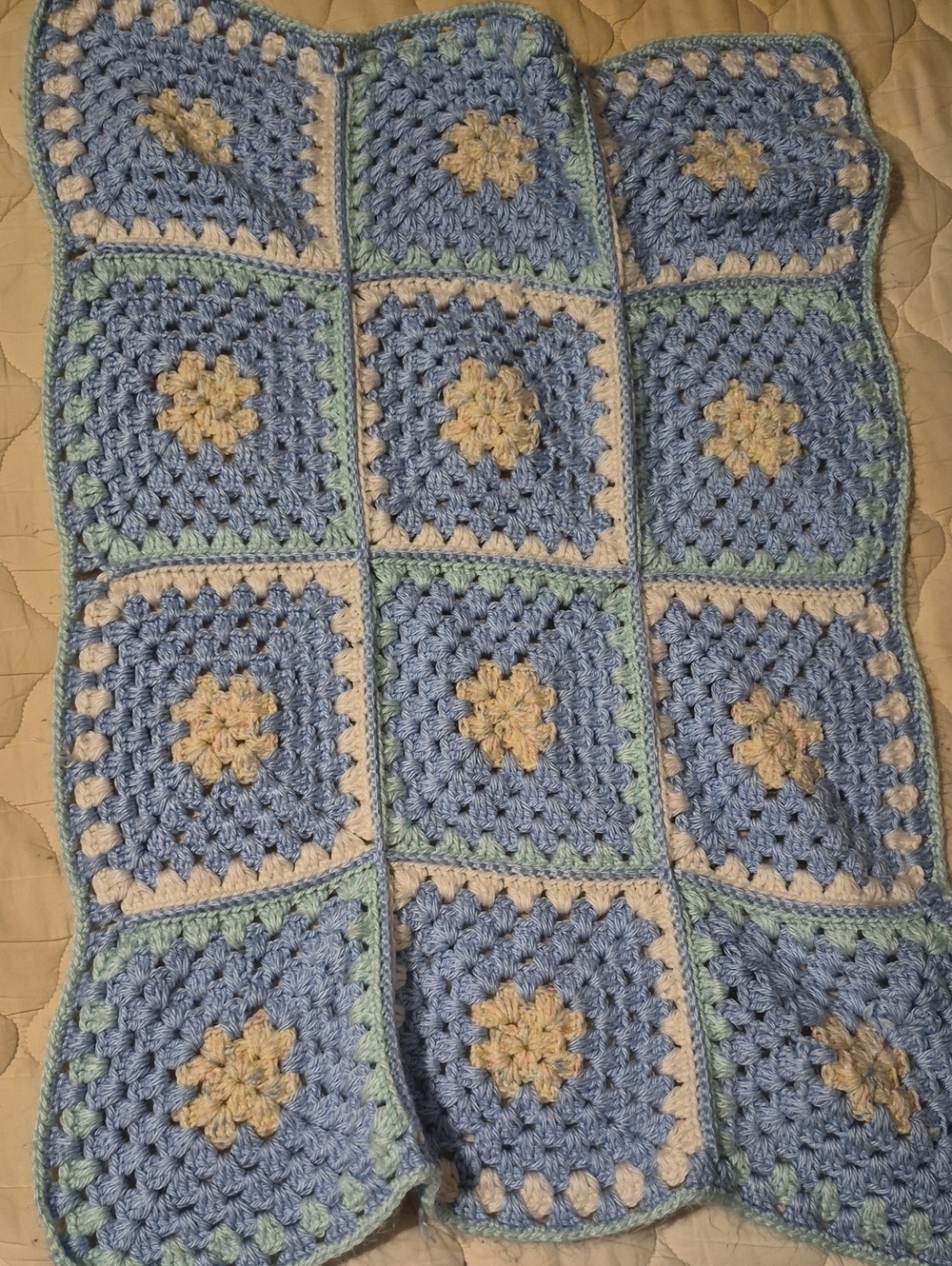 Handmade Crochet Throw Blanket in Blue, Cream & Mint